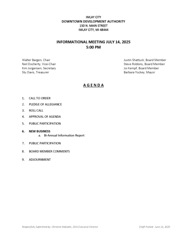 Agenda for Imlay City Downtown Development Authority meeting.