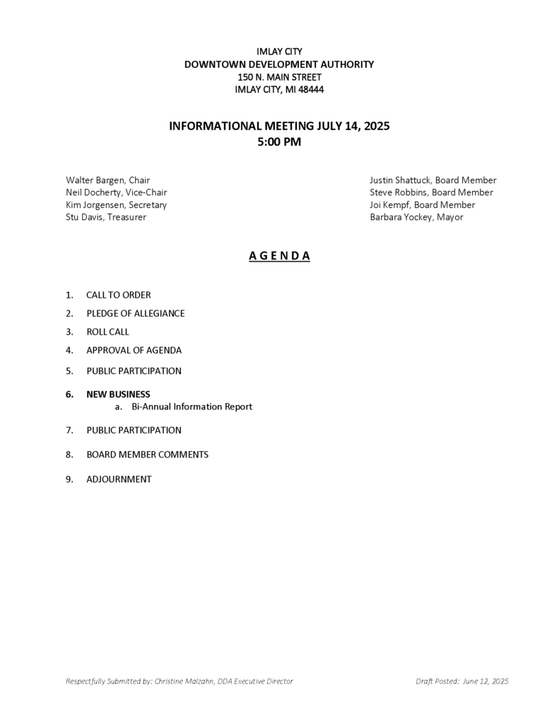 2025.07.14 agenda special informational meeting Agenda for Imlay City Downtown Development Authority meeting.