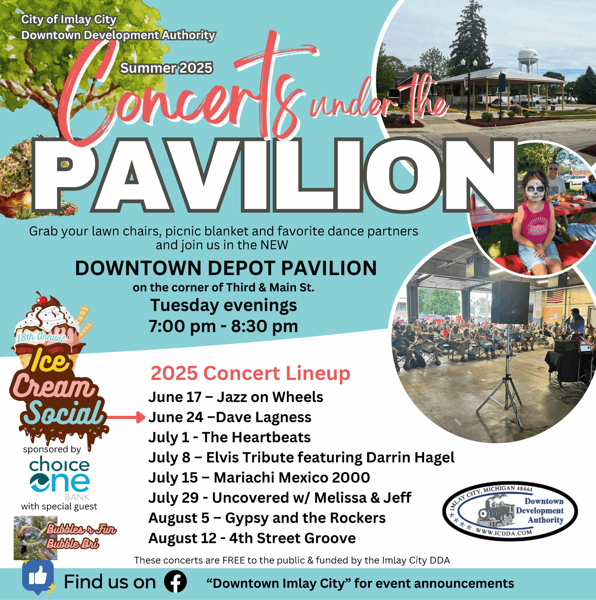 2025 Summer Concert Series flyer for Imlay City Pavilion