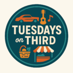 Tuesdays on Third event logo with car, guitar, and market