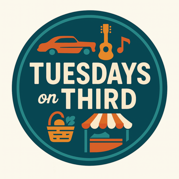 Tuesdays on Third event logo with car, guitar, and market