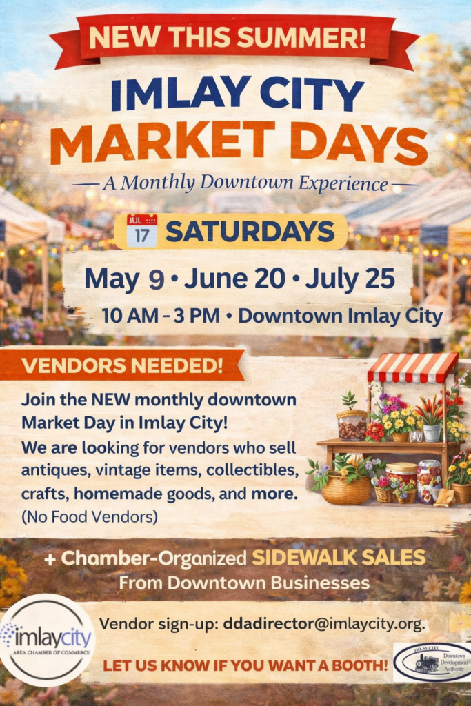 Imlay City Market Days event poster for Saturday Farmers Markets