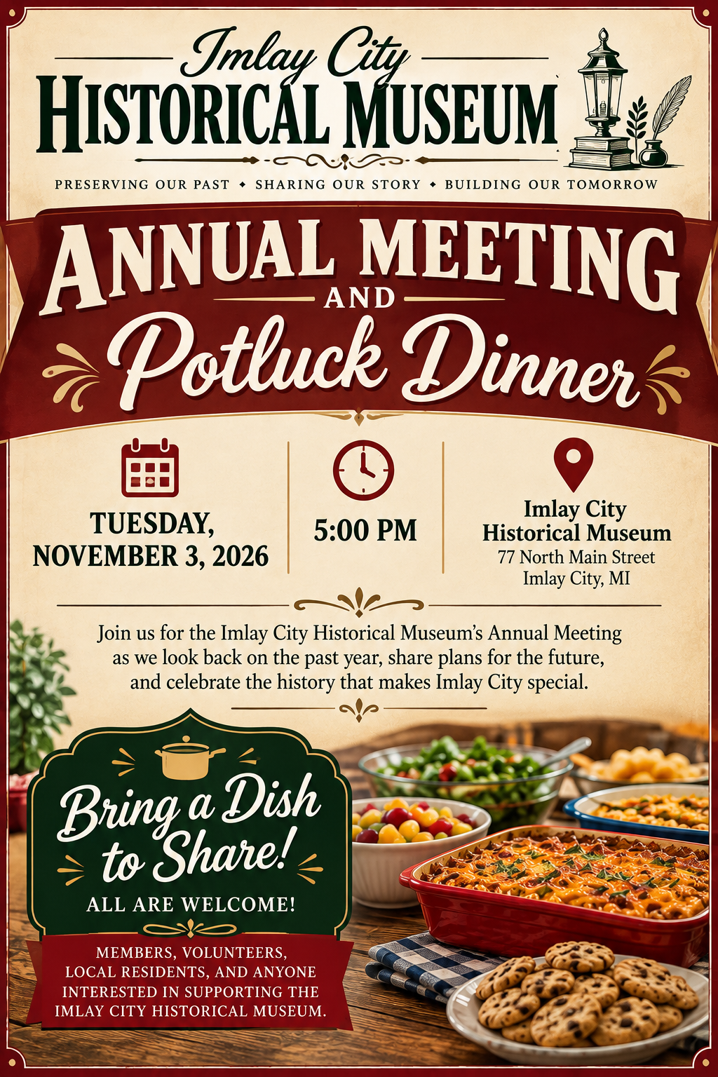 Imlay City Historical Museum annual meeting potluck dinner flyer